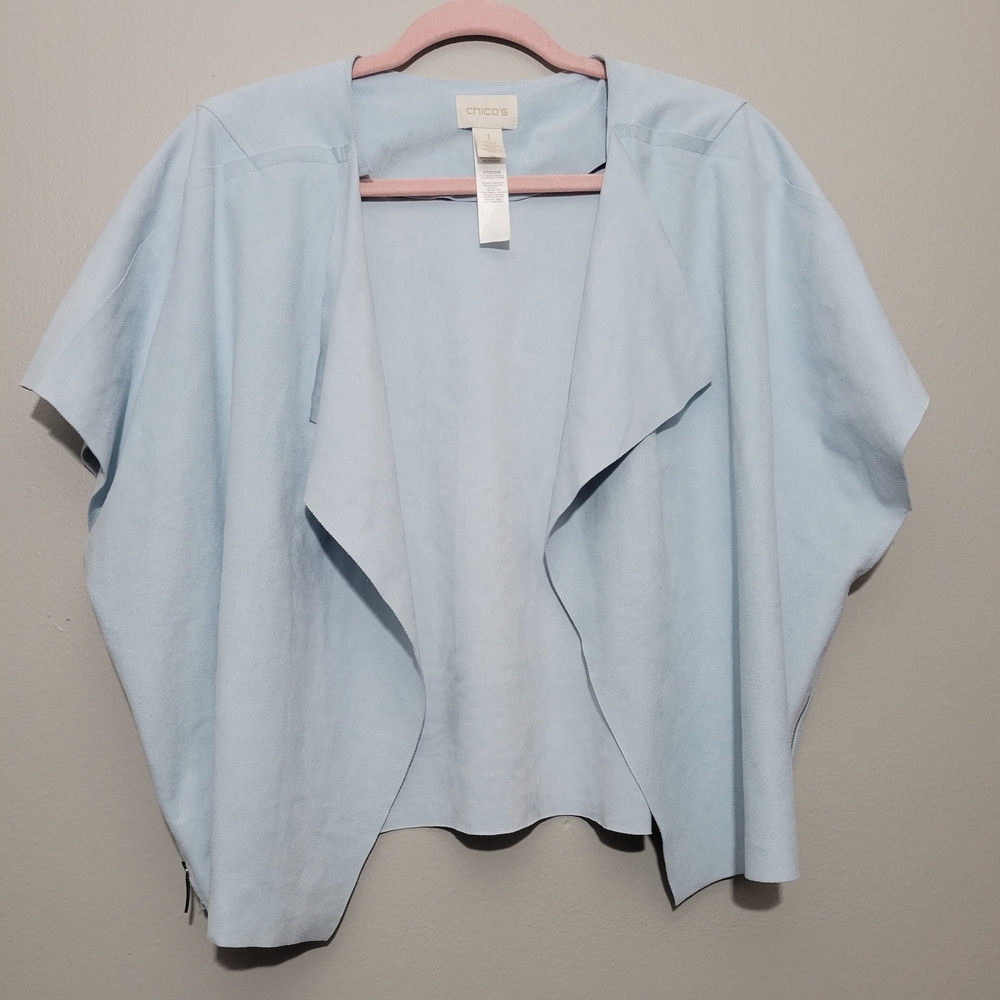 🍒 CHICO'S Faux Suede Kimono Side Zip Short Sleeve Dolman Jacket Size 1 M